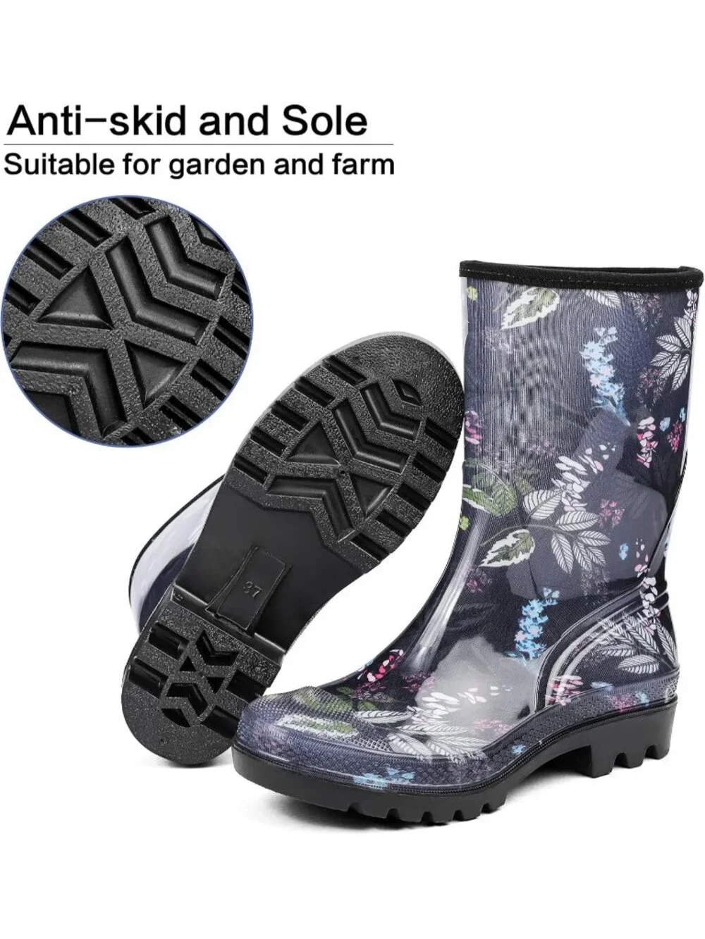 Women's Blue Flower Wide Calf Waterproof Rubber Garden Cushioned Insole RainBoot